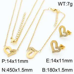 45cm Long Gold Color Stainless Steel Jewelry Sets Love Heart Rhinestone Pendant Link Chain Necklace Bracelets Stud Earrings For Women - KS200535-KFC