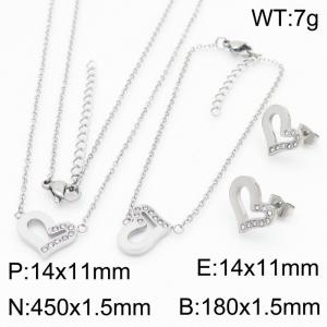 Silver Color Stainless Steel Jewelry Sets Love Heart Rhinestone Pendant Link Chain Necklace Bracelets Stud Earrings For Women - KS200537-KFC
