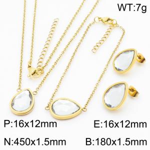 Gold Color Stainless Steel Jewelry Sets Water-drop Crystal Glass Pendant Link Chain Necklace Bracelets Stud Earrings For Women - KS200539-KFC