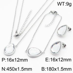 Silver Color Stainless Steel Jewelry Sets Water-drop Crystal Glass Pendant Link Chain Necklace Bracelets Stud Earrings For Women - KS200541-KFC