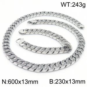 Stainless steel european 600x13mm&230x13mm cuban chain classic clasp strong crystal silver bracelets sets - KS200649-KJX
