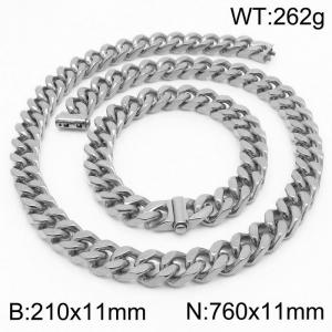 Stainless steel 210x11mm&760x11mm cuban chain fashional clasp classic simple silver sets - KS200678-Z