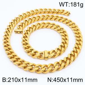 Stainless steel 210x11mm&450x11mm cuban chain fashional clasp classic simple gold sets - KS200679-Z
