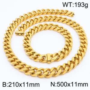 Stainless steel 210x11mm&500x11mm cuban chain fashional clasp classic simple gold sets - KS200680-Z