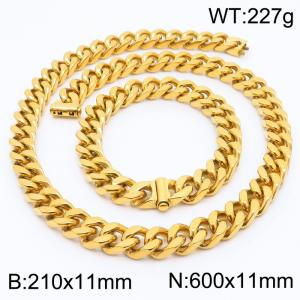 Stainless steel 210x11mm&600x11mm cuban chain fashional clasp classic simple gold sets - KS200682-Z