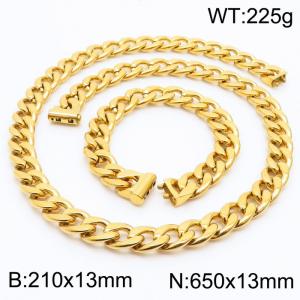 Stainless steel 210x13mm&650x13mm cuban chain fashional clasp classic simple style gold sets - KS200711-Z