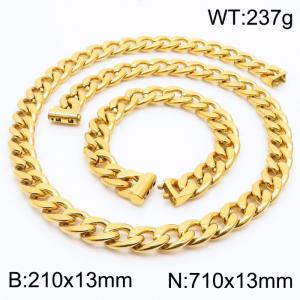 Stainless steel 210x13mm&710x13mm cuban chain fashional clasp classic simple style gold sets - KS200712-Z
