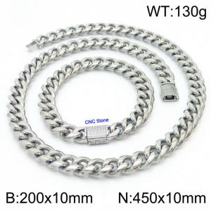 Stainless steel 210x10mm&450x10mm cuban chain fashional crystal clasp classic simple silver sets - KS200714-Z