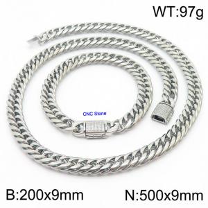 Stainless steel 200x9mm Necklace 500x9mm cuban chain Bracelet with CNC  Stone clasp Steel Sets - KS200729-Z