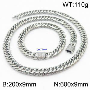 Stainless steel 200x9mm Necklace 600x9mm cuban chain Bracelet with CNC  Stone clasp Steel Sets - KS200731-Z