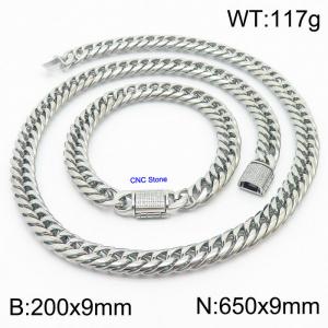 Stainless steel 200x9mm Necklace 650x9mm cuban chain Bracelet with CNC  Stone clasp Steel Sets - KS200732-Z