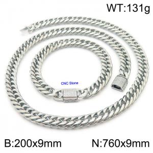Stainless steel 200x9mm Necklace 760x9mm cuban chain Bracelet with CNC  Stone clasp Steel Sets - KS200734-Z