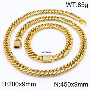 Stainless steel 200x9mm Necklace 450x9mm cuban chain Bracelet with CNC  Stone clasp Gold Plated Sets - KS200735-Z
