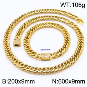 Stainless steel 200x9mm Necklace 600x9mm cuban chain Bracelet with CNC  Stone clasp Gold Plated Sets - KS200738-Z
