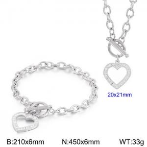 European and American fashion simple stainless steel OT button diamond heart bracelet necklace two-piece set - KS200913-Z