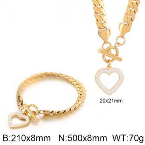 Japan and South Korea fashion stainless steel blade chain OT button diamond heart pendant bracelet necklace two-piece set - KS200926-Z