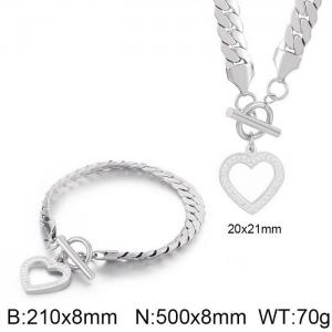 Japan and South Korea fashion stainless steel blade chain OT button diamond heart pendant bracelet necklace two-piece set - KS200927-Z