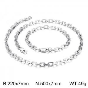 7mm width Stainless Steel Silver Rectangle Cable Chain Bracelet Necklace Set - KS20117-KFC