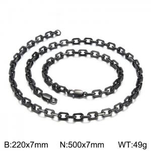 7mm width Stainless Steel Black Rectangle Cable Chain Bracelet Necklace Set - KS201184-KFC