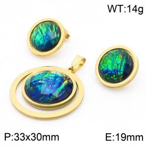 Woman Round Shape Stainless Steel Earrings&Pendant Jewelry Set with Magnificent Colorful Stone - KS201185-GG