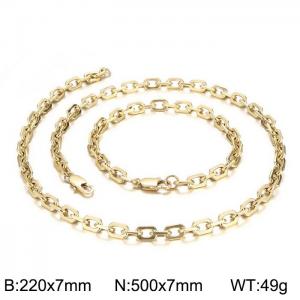 7mm width Stainless Steel Gold Rectangle Cable Chain Bracelet Necklace Set - KS201185-KFC