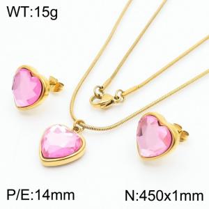 Stainless Steel Ornaments Heart-shaped Hand Pink Zircon Gold Set - KS201233-Z