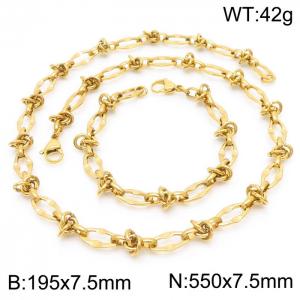 7.5mm Width Gold-Plated Stainless Steel Oval Links&Intertwined Rings 550mm Necklace&195mm Bracelet Jewelry Set - KS201377-Z
