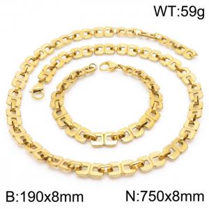 8mm Width Gold-Plated Stainless Steel Squre Hole Links 750mm Necklace&190mm Bracelet Jewelry Set - KS201437-Z