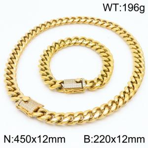 SStainless steel 220 × 12mm&450 × 12mm Cuban Chain Simple Diamond Buckle Classic Fashion Gold Jewelry Set - KS201537-KFC