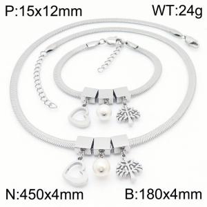Silver Color Heart Pearl Tree Chunky Chain Stainless Steel Pendant Bracelet Necklace For Women Jewelry sets - KS203075-KFC