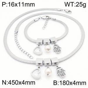 Silver Color Heart Pearl Small Men Chunky Chain Stainless Steel Pendant Bracelet Necklace For Women Jewelry sets - KS203078-KFC