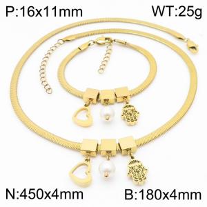 Gold Color Heart Pearl Small Men Chunky Chain Stainless Steel Pendant Bracelet Necklace For Women Jewelry sets - KS203079-KFC