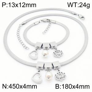 Silver Color Heart Pearl Lotus Flower Chunky Chain Stainless Steel Pendant Bracelet Necklace For Women Jewelry sets - KS203081-KFC