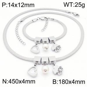 Silver Color Heart Pearl Four Leaf Clover Chunky Chain Stainless Steel Pendant Bracelet Necklace For Women Jewelry sets - KS203084-KFC