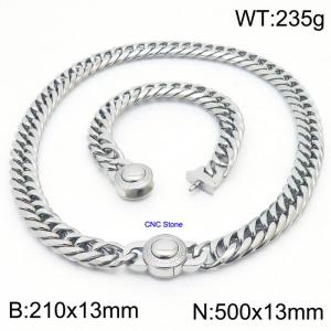 18K Silver Cuban Chain Necklace & Bracelet Set With CNC Stones - 50cm Necklace × 21cm Bracelet Versatile and Trendy Stainless Steel Jewelry - KS203217-Z