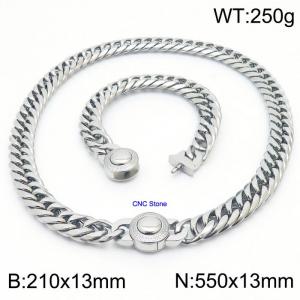 18K Silver Cuban Chain Necklace & Bracelet Set With CNC Stones - 55cm Necklace × 21cm Bracelet Versatile and Trendy Stainless Steel Jewelry - KS203218-Z