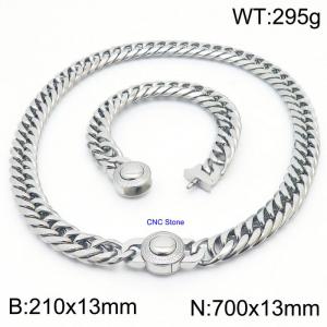 18K Silver Cuban Chain Necklace & Bracelet Set With CNC Stones - 70cm Necklace × 21cm Bracelet Versatile and Trendy Stainless Steel Jewelry - KS203221-Z