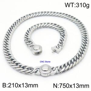 18K Silver Cuban Chain Necklace & Bracelet Set With CNC Stones - 75cm Necklace × 21cm Bracelet Versatile and Trendy Stainless Steel Jewelry - KS203222-Z