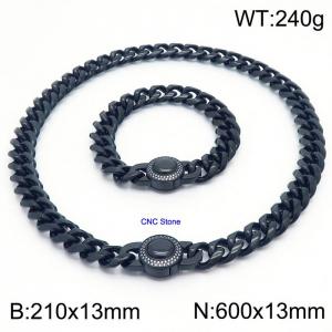 210x13mm&600x13mm hip-hop style stainless steel Cuban chain CNC circular buckle black set - KS203240-Z
