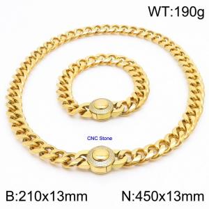 210x13mm&450x13mm hip-hop style stainless steel Cuban chain CNC circular snap closure 18K gold-plated set - KS203251-Z