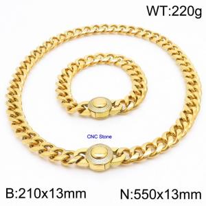 210x13mm&550x13mm hip-hop style stainless steel Cuban chain CNC circular snap closure 18K gold-plated set - KS203253-Z
