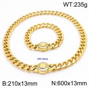210x13mm&600x13mm hip-hop style stainless steel Cuban chain CNC circular snap closure 18K gold-plated set - KS203254-Z