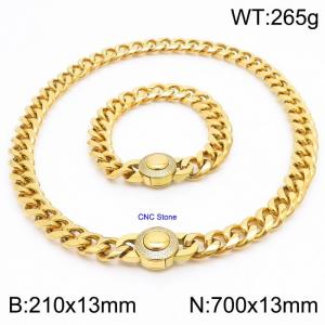 210x13mm&700x13mm hip-hop style stainless steel Cuban chain CNC circular snap closure 18K gold-plated set - KS203256-Z