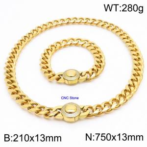 210x13mm&750x13mm hip-hop style stainless steel Cuban chain CNC circular snap closure 18K gold-plated set - KS203257-Z