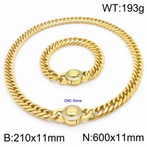 Stainless steel 210x11mm&600x11mm Cuban chain European and American fashion simple diamond inlay charm gold set - KS203303-Z
