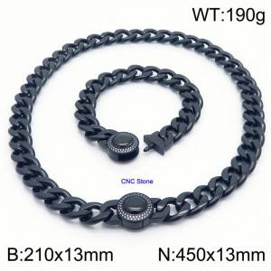 Black 13mm Cuban Link Necklace & Bracelet Set With CNC Stones - 45cm Necklace × 21cm Bracelet Versatile and Trendy Stainless Steel Jewelry - KS203335-Z