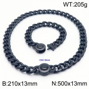 Black 13mm Cuban Link Necklace & Bracelet Set With CNC Stones - 50cm Necklace × 21cm Bracelet Versatile and Trendy Stainless Steel Jewelry - KS203336-Z