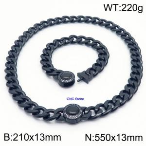 Black 13mm Cuban Link Necklace & Bracelet Set With CNC Stones - 55cm Necklace × 21cm Bracelet Versatile and Trendy Stainless Steel Jewelry - KS203337-Z