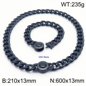 Black 13mm Cuban Link Necklace & Bracelet Set With CNC Stones - 60cm Necklace × 21cm Bracelet Versatile and Trendy Stainless Steel Jewelry - KS203338-Z