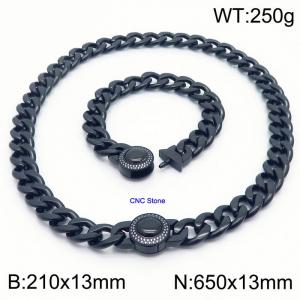 Black 13mm Cuban Link Necklace & Bracelet Set With CNC Stones - 65cm Necklace × 21cm Bracelet Versatile and Trendy Stainless Steel Jewelry - KS203339-Z